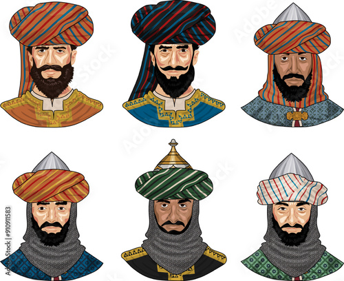 Set of Six Busts of Early Medieval Arabian or Near Eastern Lords and Warriors in Chain Mail with Helmets and Turbans, Isolated on White Background, EPS 10 Vector