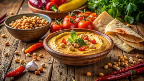 Un tazón de hummus decorado con garbanzos, rodeado de tomates frescos, ajo y especias. Este plato emblemático del Medio Oriente ofrece un perfil de sabor picante y sabroso, ideal para acompañar panes 