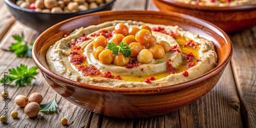 Hummus cremoso servido en un tazón de madera, decorado con garbanzos enteros, pimentón y aceite de oliva, perfecto para un aperitivo saludable.