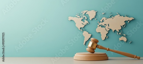 A map of the world with a gavel placed on it, representing international law