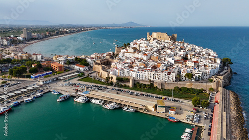 Peñiscola castle and beach drone aerial view