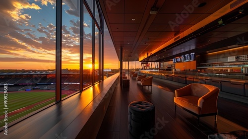 Panoramic View of Lavish VIP Lounge at a Sports Stadium During Breathtaking Sunset