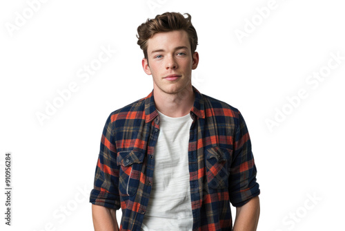 Young man wearing a plaid shirt over a white t-shirt, standing with a neutral expression. Suitable for fashion, lifestyle, or casual wear promotions. Transparent background png.