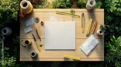 Aerial view of a landscape architect's table with an empty sketch pad in the center, surrounded by architectural drafts, design tools, and a measuring tape