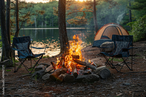 A beautiful bonfire with burning wood next to chairs and a camping tent in the forest. Camping. Vacation. Holidays. Rest.