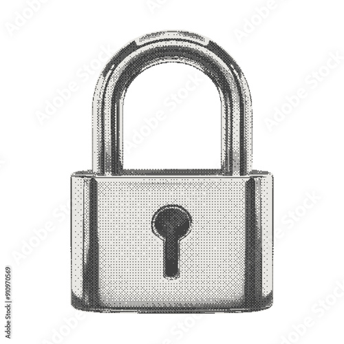 Contemporary padlock. Collage cutout element for scrapbook, poster, t-shirt. Vector monochrome sticker in a surreal bitmap style with dotted photocopy texture.