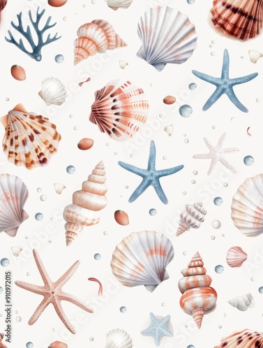 Nautical-themed seamless watercolor pattern featuring seashells and marine elements, capturing the essence of oceanic beauty and coastal charm in vibrant hues.