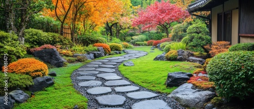 A peaceful Japanese garden with a stone pathway surrounded by vibrant plants and trees 