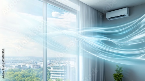 Waves of fresh clean air in the room. Air conditioner. Fresh scent and air filtration effect.