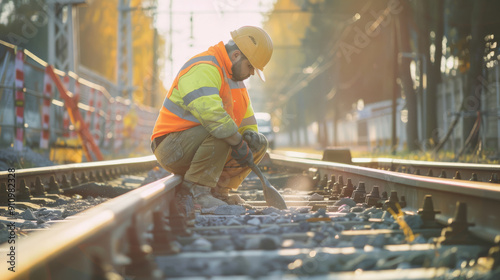 A railway worker in a yellow hard hat and safety gear attends to the tracks at dawn, showcasing early morning industry efforts and dedication.