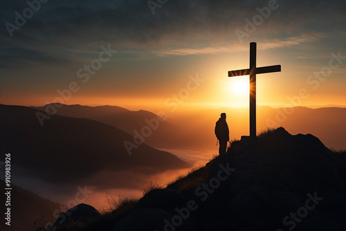 Silhouette of a Christian cross and man on a mountain top with sunset