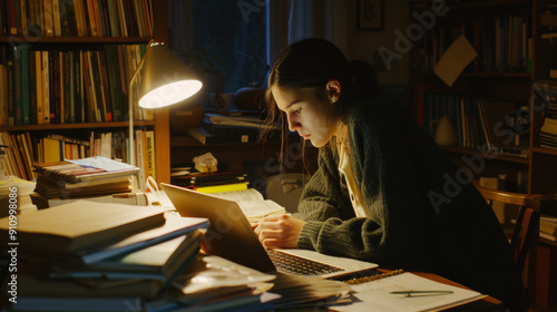 A focused individual, working late into the night at a cluttered desk with books and papers, lit by a single desk lamp, epitomizes dedication and hard work.