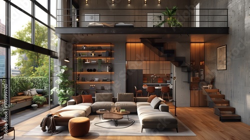 Spacious modern loft living room. Spacious modern loft living room with high ceilings, large windows, and a cozy sectional sofa, featuring industrial design elements.