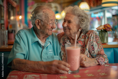 an elderly couple sharing a milkshake at a retro diner, smiling warmly at each other in a vibrant, nostalgic setting