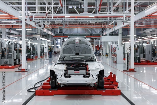 Chinese engineers developing electric car battery modules at an electric vehicle factory.