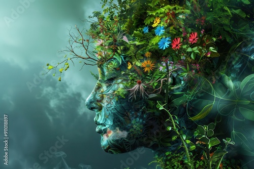 artistic rendition of mother earth as a living entity blending human and natural elements surrounded by flora and fauna