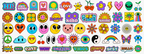 Set Of Cool Y2k Stickers Vector Design. Collection Of Groovy Patches. Pop Art Illustration. Cute Comic Funny Badges. Psychedelic Trippy Signs.