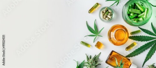 Organic hemp beauty products like CBD oil, capsules, and buds displayed on a white background for a medical cannabis and alternative medicine concept with room for text in the image