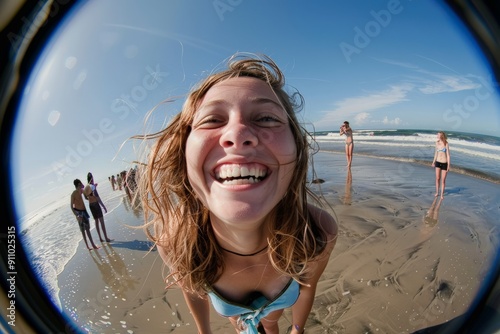 A young woman smiling happily at the camera on a sunny beach day with clear blue skies and other beachgoers and the ocean in the background.