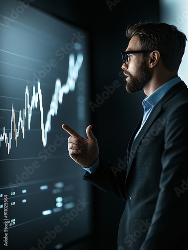 Documentary-style photo of a financial analyst explaining the impact of dividends on long-term investment returns, highlighting a rising stock chart on a screen