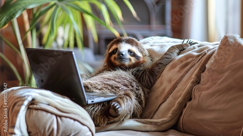 Cute sloth with laptop working lazily on the sofa