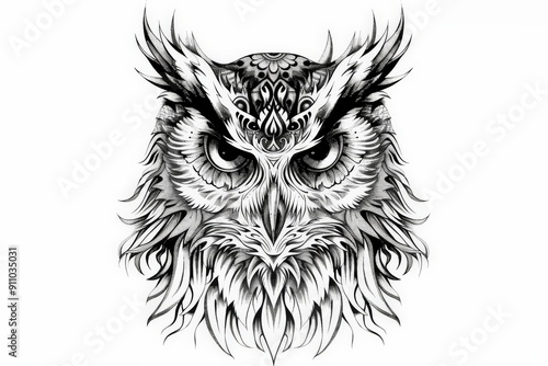 A detailed black and white illustration of an owl featuring intricate patterns, bold lines, and an intense stare, showcasing expressive artistic style and fine detailing.