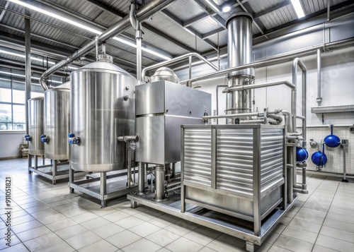 Modern stainless steel industrial equipment for dairy food production, featuring a large radiator for efficient cooling of hot milk, in a clean factory setting.