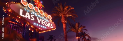 The famous Welcome to Fabulous Las Vegas sign illuminated against a dusky sky, surrounded by tall palm trees and vibrant lights.