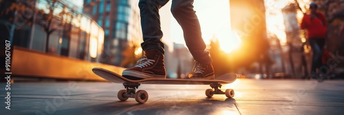 A skateboarder performs an ollie trick, captured in a close-up shot that highlights their skill, movement, and the urban setting in golden hour light.