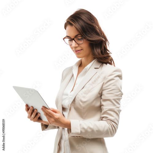 Businesswoman with tablet isolate on white background