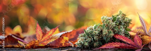 Cannabis bud with autumn leaves for harvest season