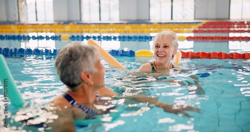 Smile, training and mature women in swimming pool for exercise, healthy body and strong muscle. Friends, water and aerobics class for fitness, physiotherapy or rehabilitation of happy senior people