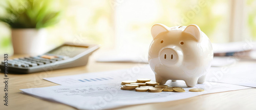 Piggy bank with coins on a table with a calculator, symbolizing saving money.