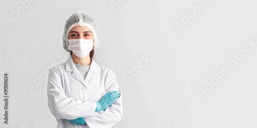 Woman in a White Lab Coat, Hairnet, and Face Mask