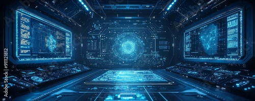 Futuristic control room with digital screens and holographic interface in cyber warfare setting