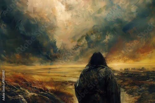 emotive portrait of jonah gazing at nineveh biblical scene with dramatic sky desolate landscape conveys tension oil painting style with rich textures