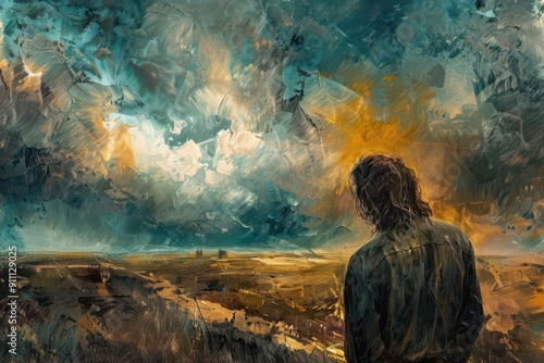 emotive portrait of jonah gazing at nineveh biblical scene with dramatic sky desolate landscape conveys tension oil painting style with rich textures