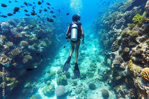 Woman Scuba Diving Through a Tropical Coral Reef