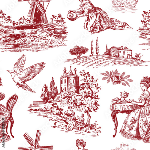 Abstract Victorian seamless pattern with hand drawn illustration with country life, couple villager in Toile de jouy style. Retro elegance blue Chinoiserie print. Vintage wallpaper for bedroom