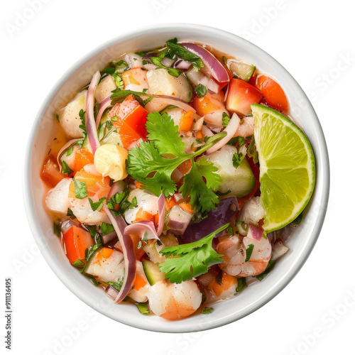 Fresh seafood ceviche with lime, cilantro, and vegetables in a white bowl.