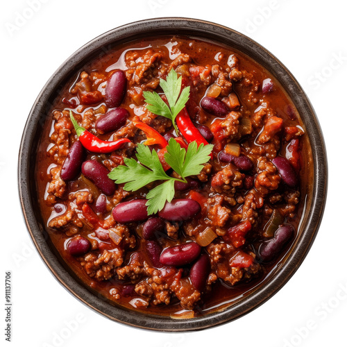 Top view of a bowl of chili con carne with red beans, beef, and chili peppers.