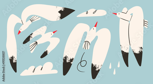 Set of black and white birds, clouds, rain drops. Flying Seagull collection. Different poses. Cartoon style, flat design. Hand drawn trendy Vector illustration. Isolated design elements