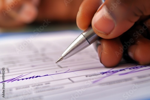 Close up of hand signing document.