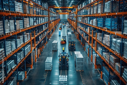 Busy Warehouse with Forklifts and Workers. Busy warehouse with forklifts moving pallets, shelves stacked with goods, and workers overseeing the operations.