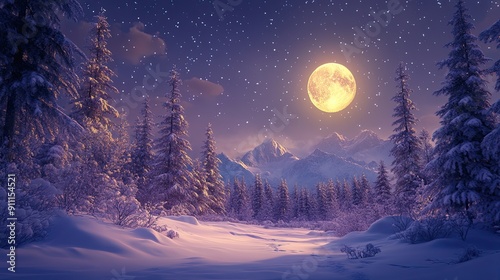 44. Photorealistic winter night with a snow-covered forest, a full moon, and twinkling stars creating a magical scene