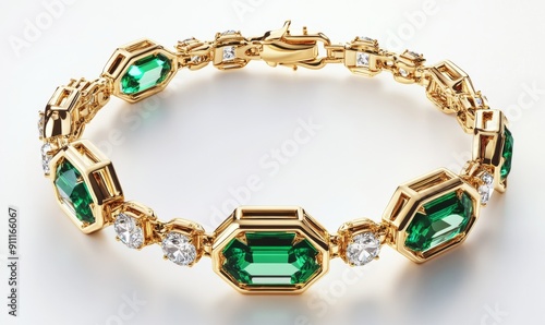 A golden bracelet with green emeralds stands out against a white background, generative AI jewelry