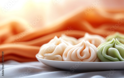 Colorful Thai luk chup fruitshaped mung bean desserts arranged on a white plate, with a traditional Thai silk cloth in the background