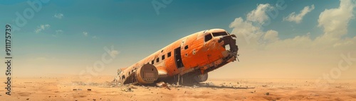 Abandoned Airplane Wreck in Desert Landscape Under Clear Blue Sky