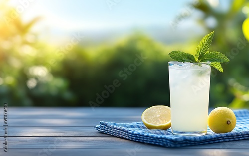 Refreshing shot of nimbu pani served in a glass with ice cubes, mint leaves, and lemon slices, placed on a wooden table with a sunny outdoor setting