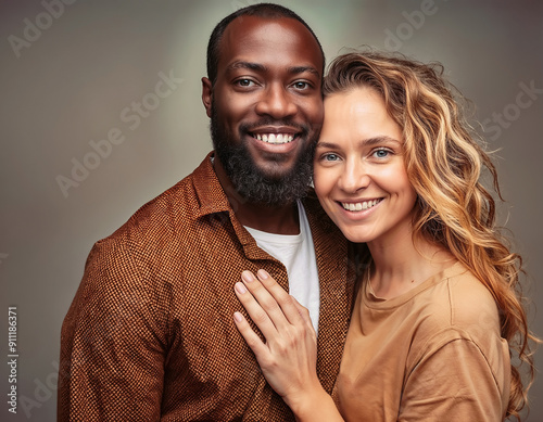 Joli couple mixte hétérosexuel, trentenaires, souriants, stylé, tendresse et complicité